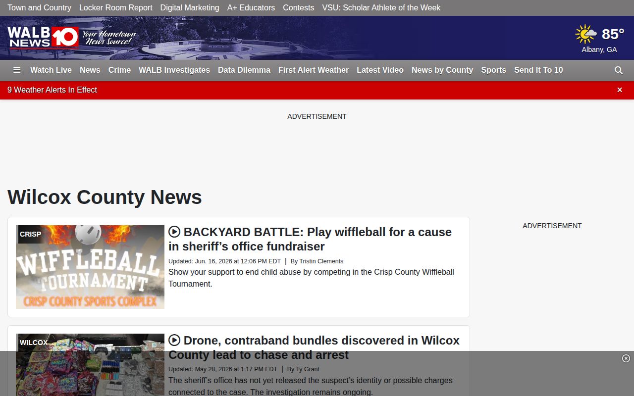 WALB Wilcox County crime news landing with event-driven local coverage