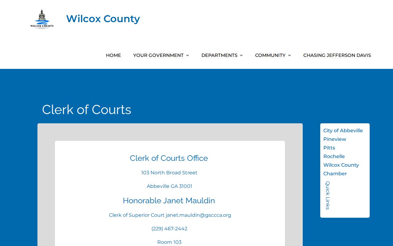 Wilcox County Clerk of Courts official criminal filing and warrant contact page