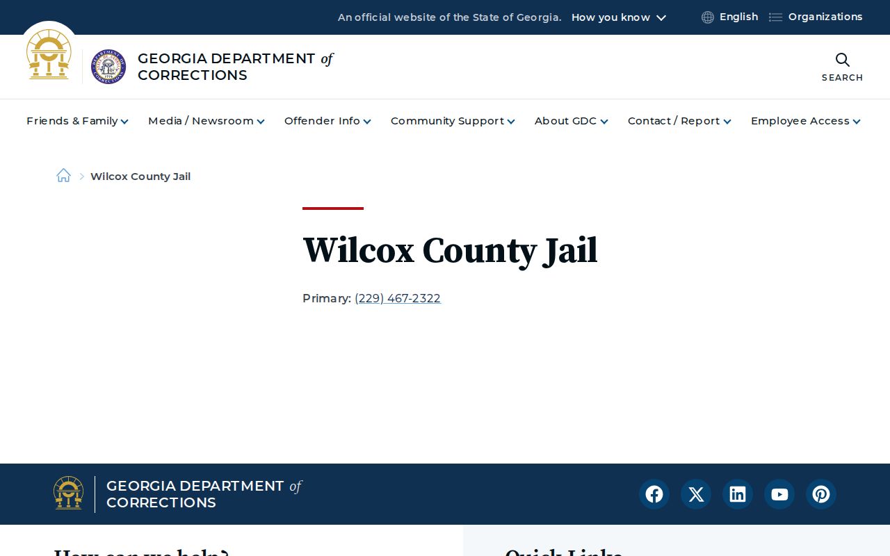 Official GDC Wilcox County Jail directory and county booking contact