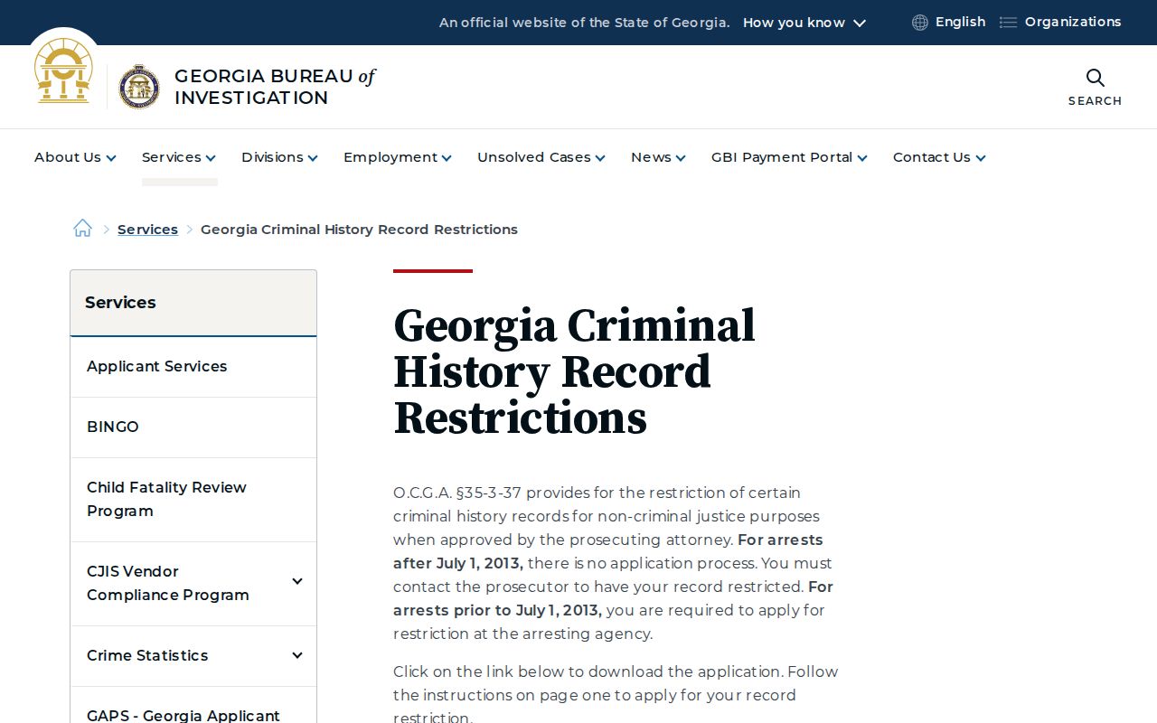 Georgia official criminal-history record restriction information for Wilcox County records